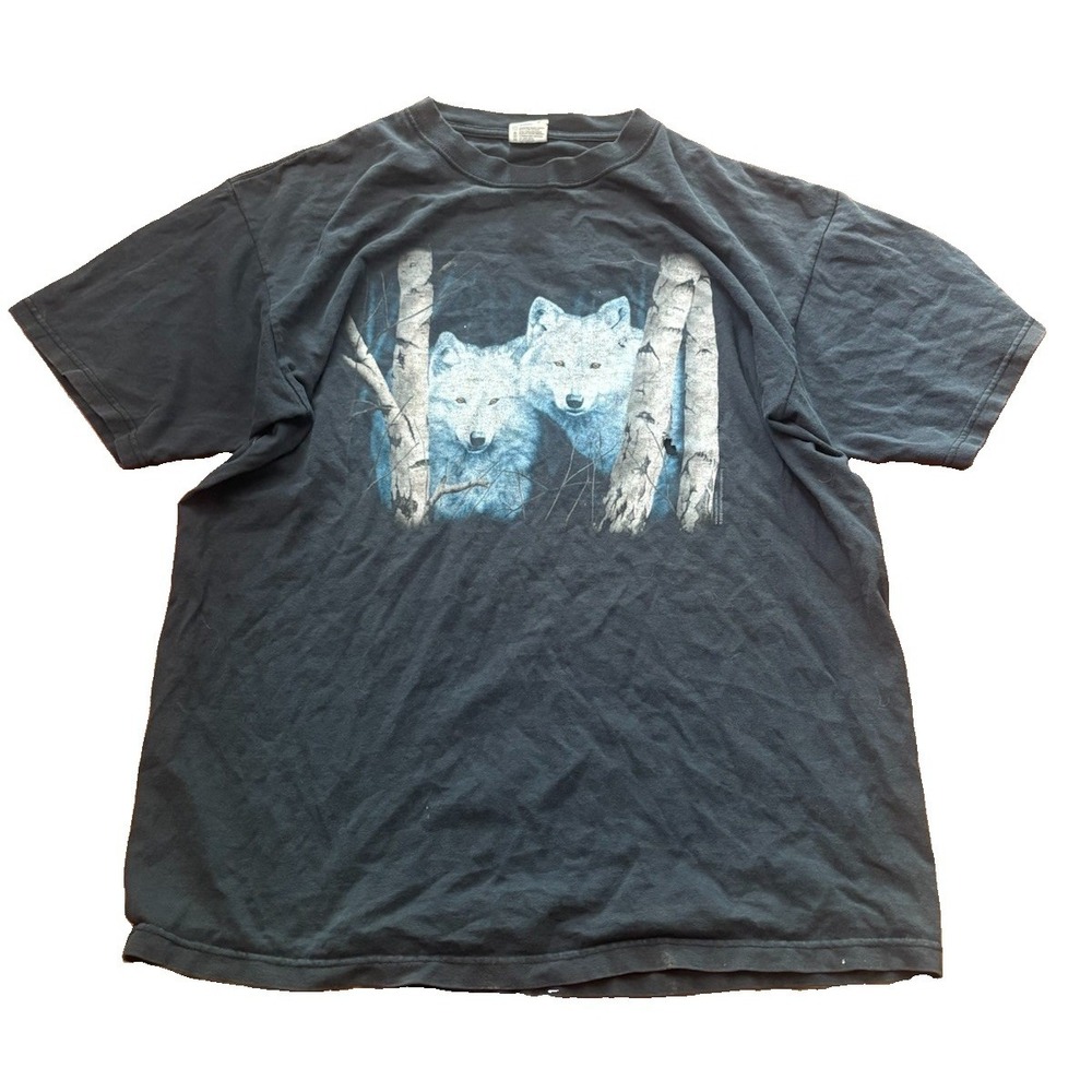 Vintage Y2K Anvil Nature Arctic White Wolf Graphic T-Shirt Black Large
